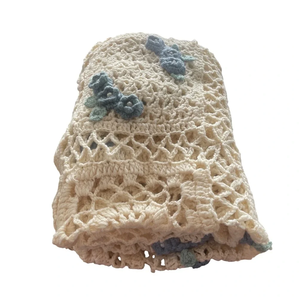 Vintage Style Crochet Throw Blanket 51x48 Cream Blue 3D Floral Pearl Accents